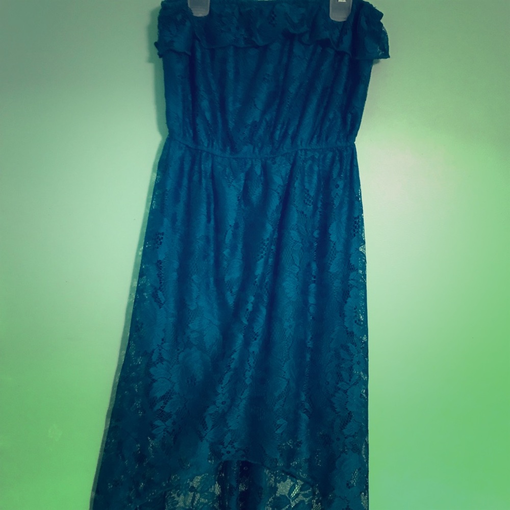 Teal floral high-low lace strapless lace dress